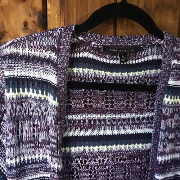 Signature Studio Long Purple Stripe Cardigan Size XL Loose Knit Open Front - Picture 2 of 8